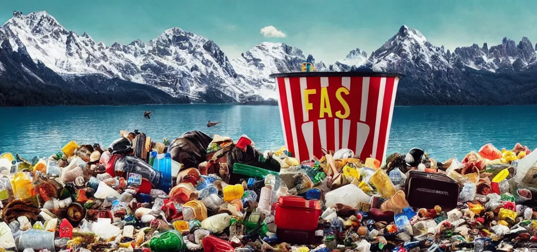 Prompt: a very high resolution image from a new movie. mountains, lake, garbage plastic, fast food, photorealistic, photography, directed by wes anderson
