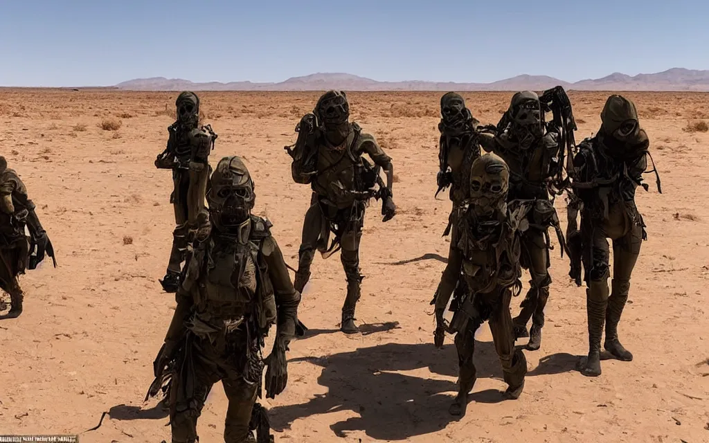 Prompt: in hot red desert a group of five people in dark green tactical gear like death stranding and masks on find a dead horse skeleton in a sandy desert with distant red mesas behind them. They look afraid. dusty, mid day, heat shimmering.