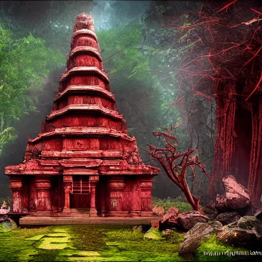 Prompt: An ancient temple to dark magic, foreboding, red energy, jungle, photorealistic, 4k