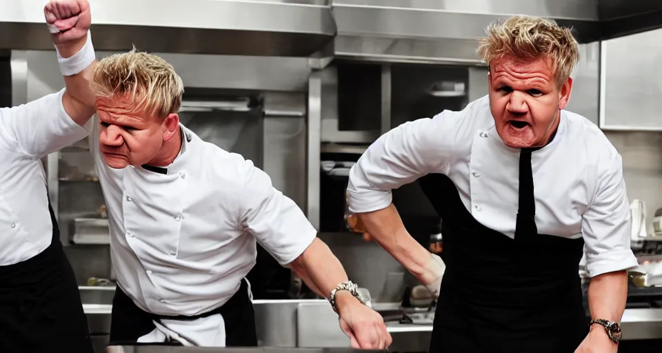 Image similar to photo of angry furious Gordon Ramsay punching Gordon Ramsay at the kitchen