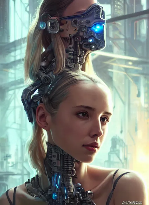 Image similar to alona tal with cyberpunk implants,, incredibly detailed face, pretty face, light dress, deep focus, d & d, fantasy, intricate, elegant, highly detailed, digital painting, artstation, concept art, matte, sharp focus, illustration, true anatomy, art by artgerm and greg rutkowski and alphonse mucha