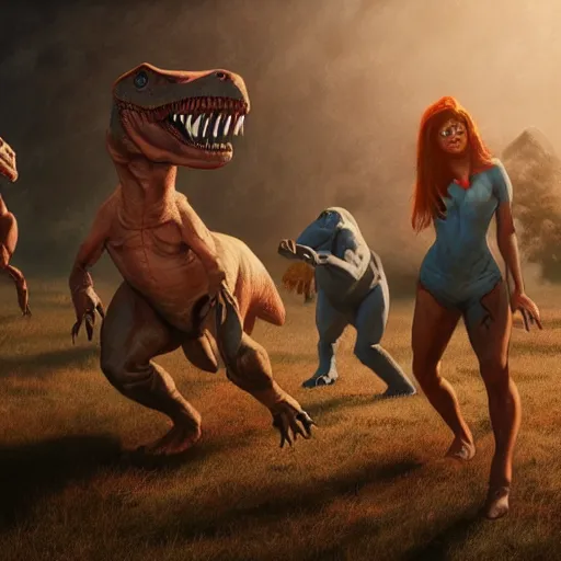 Image similar to a hyper real comic book style portait painting of dinosaurs dancing like michael jackon, unreal 5, hyperrealistic, octane render, cosplay, rpg portrait, dynamic lighting