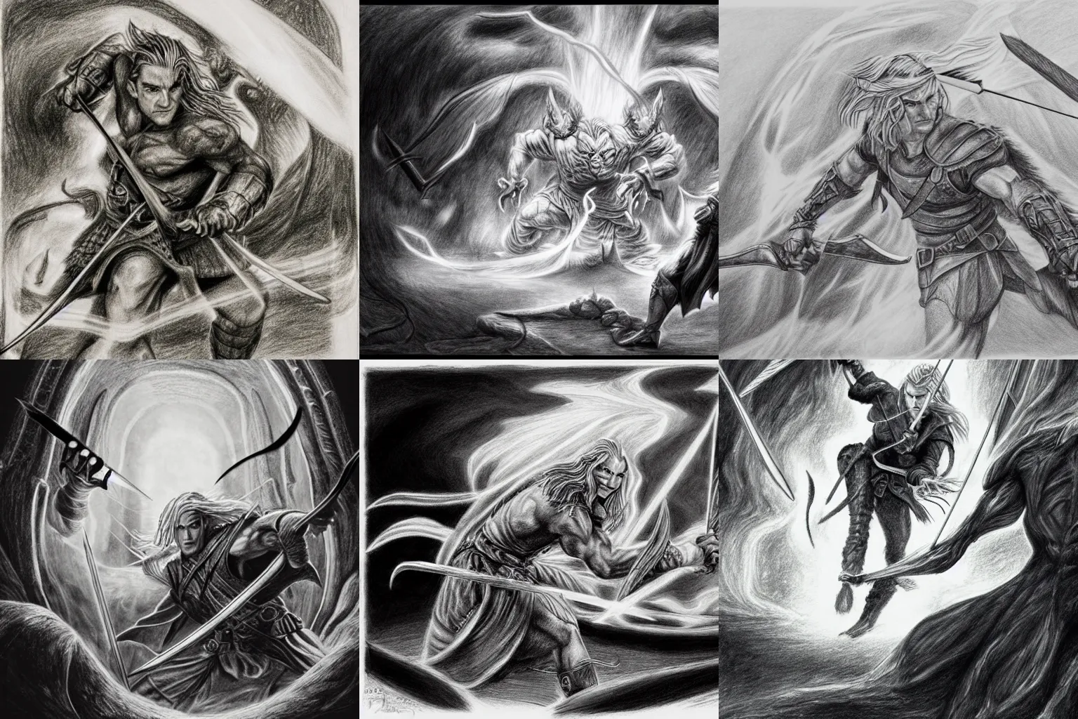 Prompt: ''A pencil drawing of Legolas fighting a Balrog inside Moria''