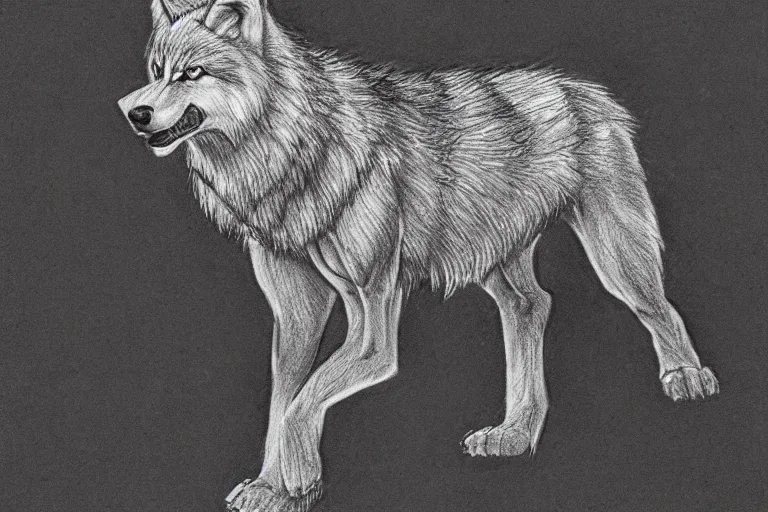 Image similar to a pencil drawing of a wolf, full body, D&D, armor, made by by Pen Tacula