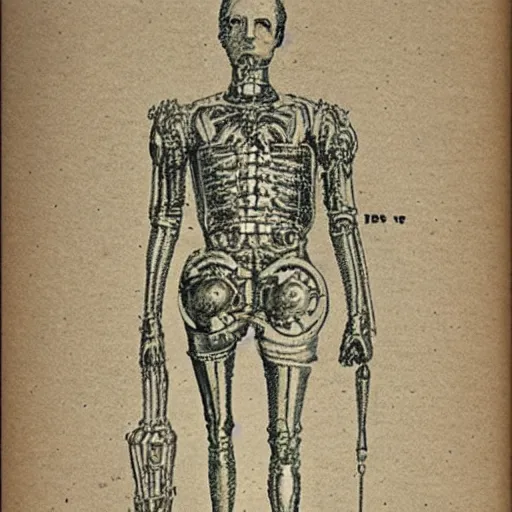 Image similar to drawing in a science book from 1900 of a cyborg, symmetrical