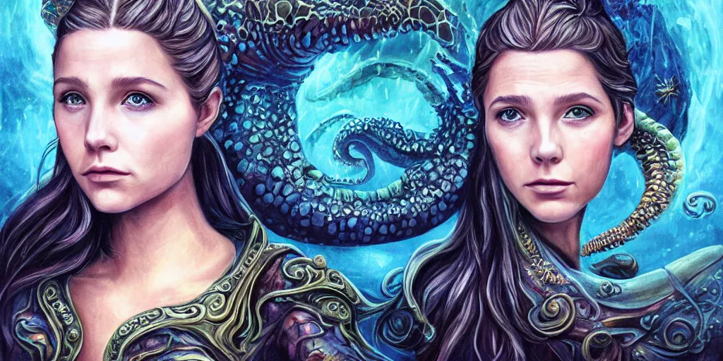 Image similar to Fantasy fairytale style portrait painting, Great Leviathan Turtle, cephalopod, Cthulhu Squid, hybrid, Mythic Island, center Universe, accompany Cory Chase, Blake Lively, Anya_Taylor-Joy, Grace Moretz, Halle Berry, Mystical Valkyrie, Anubis-Reptilian, Atlantean Warrior, hybrid, intense fantasy atmospheric lighting, hyperrealistic, William-Adolphe Bouguereau, François Boucher, Michael Cheval, Oil Painting, Cozy, hot springs hidden Cave, candlelight, natural light, lush plants and flowers, Spectacular Mountains, bright clouds, luminous stellar sky, outer worlds, Jessica Rossier, michael whelan, Solar Flare HD,