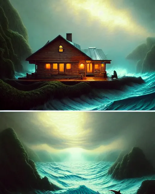 Image similar to a hyper - detailed 3 d render like an oil painting of cabin dreaming of the untamed ocean!!!!! surreal concept art, lifelike, photorealistic, digital painting, aesthetic, smooth, sharp focus, artstation hd, by greg rutkowski, bruce pennington, valentina remenar, rhads, asher duran,