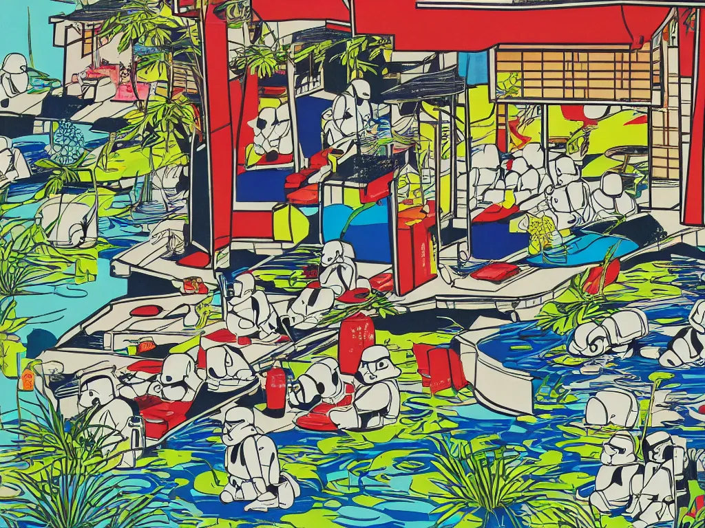 Image similar to close - up image of a japanese house with a pond, stormtroopers sitting around it, in style of pop - art, andy warhol, roy lichtenstein, jackie tsai, bright palette, acrylic on canvas