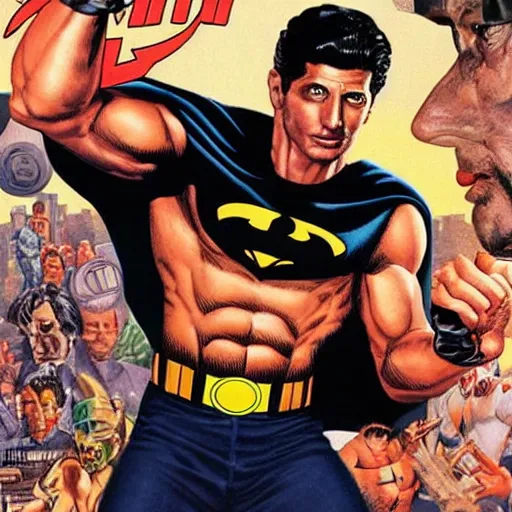 Image similar to young jeff goldblum as bruce wayne, muscular, batman t shirt, movie poster, joe jusko, boris vallejo