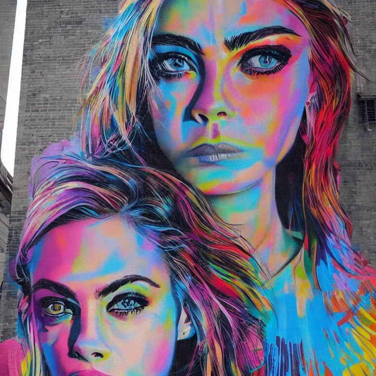 Prompt: Street-art portrait of Cara Delevingne in style of Eduardo Kobra, photorealism, elegant woman