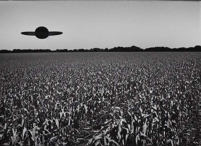 Image similar to Flying saucer landing in corn field with two moons in the sky, albumen silver print film grain photography 8mm by Timothy H. O'Sullivan