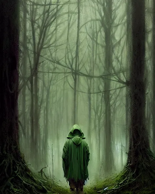 Prompt: portrait Green hooded jacket coat Hunter man elf, long-haired At the rainy forest, ambush, movie still By greg rutkowski, tom bagshaw, beksinski