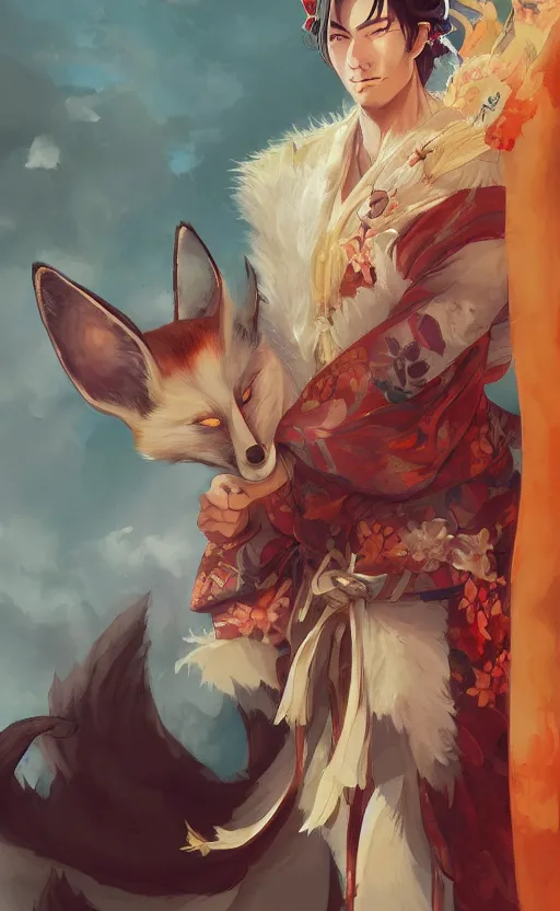 Image similar to An beautiful digital painting of a beautiful man with fox ears and nine tails wearing a kimono, by Stanley Artgerm Lau, WLOP, Rossdraws, James Jean, Andrei Riabovitchev, Marc Simonetti, and Sakimichan, tranding on artstation, SFW version