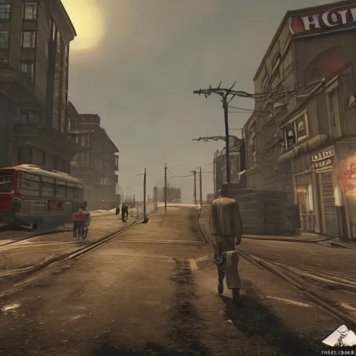 Prompt: promotional screenshot of fallout videogame set in london