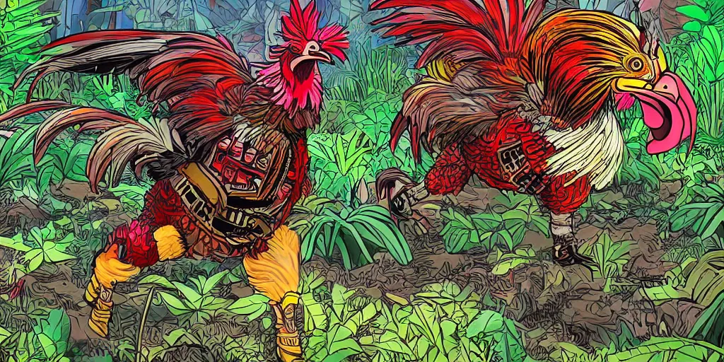 Image similar to colorful illustration of a fully armoured fighting rooster in a dense jungle, mix of styles, angry, aggressive, blood, dark color scheme