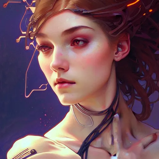 Image similar to portrait of beautiful girl with robot body by artgerm and greg rutkowski and alphonse mucha, close up, portrait, cinematic, elegant, artstation, intricate, highly detailed, digital painting, artstation, concept art, sharp focus, illustration, cyberpunk, cgsociety, 8 k