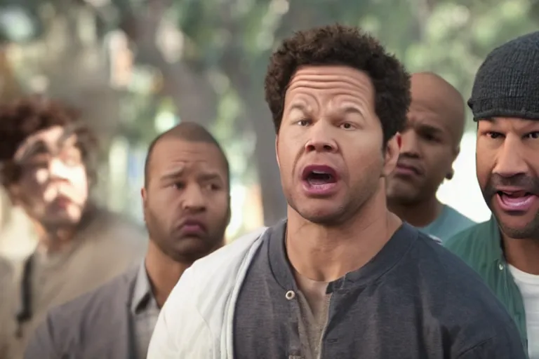 Prompt: key and peele as mark wahlberg and matt daemon, all faces are distorted contorted, shock, repulsion, disgust, frustration, annoyance, laughter, smirk, snicker, cinematic still, movie still, long lens, shallow depth of field, bokeh, anamorphic lens flare, 8 k