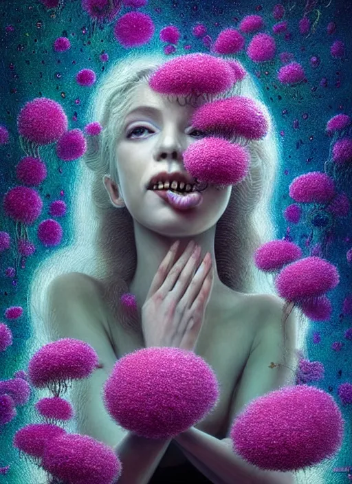 Image similar to hyper detailed 3d render like a Oil painting - Aurora (Singer) looking adorable and seen joyfully Eating of the Strangling network of yellowcake aerochrome and milky Fruit and Her delicate Hands hold of gossamer polyp blossoms bring iridescent fungal flowers whose spores black the foolish stars to her adorable smirking mouth by Jacek Yerka, Mariusz Lewandowski, Houdini algorithmic generative render, Abstract brush strokes, Masterpiece, Edward Hopper and James Gilleard, Zdzislaw Beksinski, Mark Ryden, Wolfgang Lettl, hints of Yayoi Kasuma, octane render, 8k