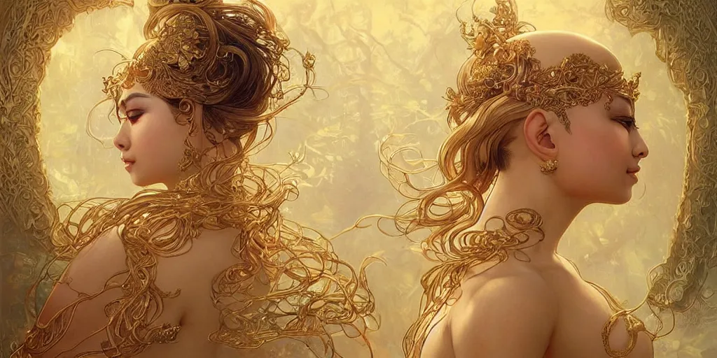 Image similar to asian nymph bald goddess, flowing golden silk twisting with whiten tattoos of cursive sigils on her opalescent skin, fantasy, intricate, very beautiful, elegant, golden light, highly detailed, art by artgerm and greg rutkowski and alphonse mucha