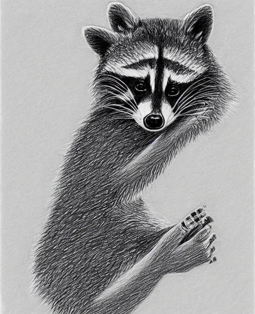 Image similar to detailed pencil sketch of a raccoon holding up and looking at a starfish, chris van allsburg