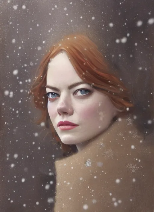 Image similar to emma stone in beige coat, close up portrait, winter new york, snow, artwork by gaston bussiere, craig mullins, trending on artstation