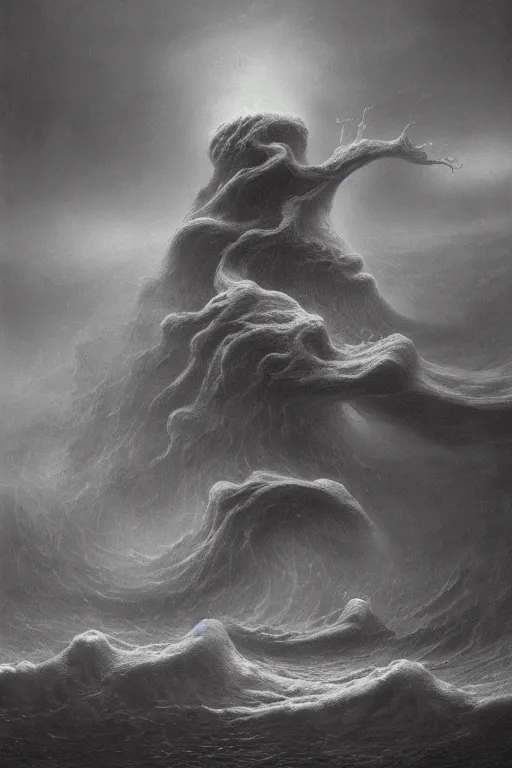 Image similar to A stunning highly detailed Shoggoth by Zdzisław Beksiński, stormy ocean, beautiful lighting, detailed swirling water tornado, artstation