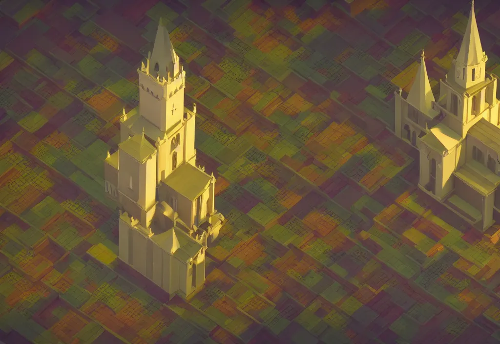 Image similar to isometric church magicavoxel cinematic lighting, 4k