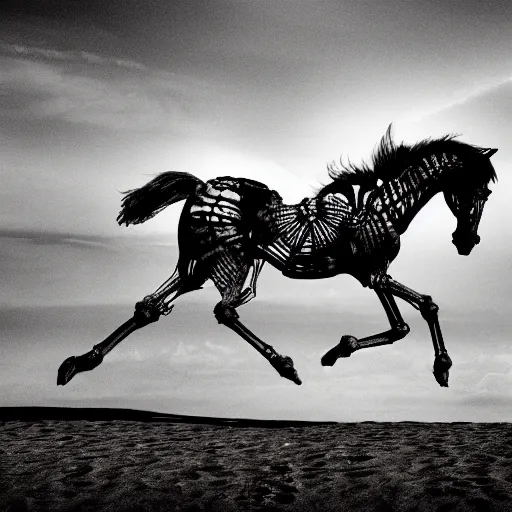 Image similar to skeleton horse running on the beach, edited photo, photoshop