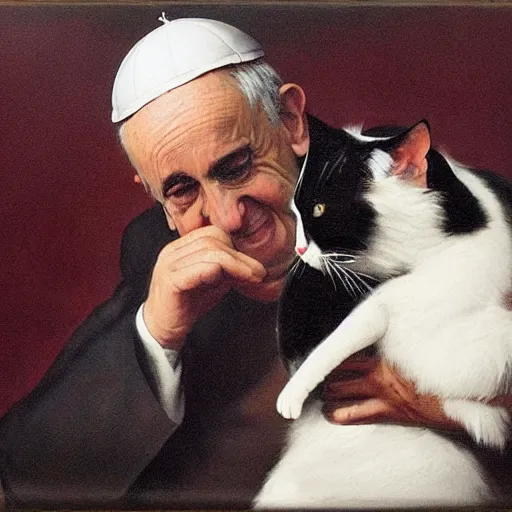 Image similar to Pope Francis sitting on a chair and crying while a black and white cat sits on his lap, realistic oil painting, painted by Roberto Ferri