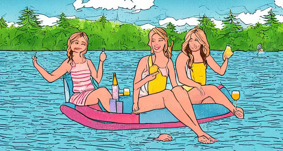 Image similar to simple illustration storyboard of girls weekend on a lake, mimosas