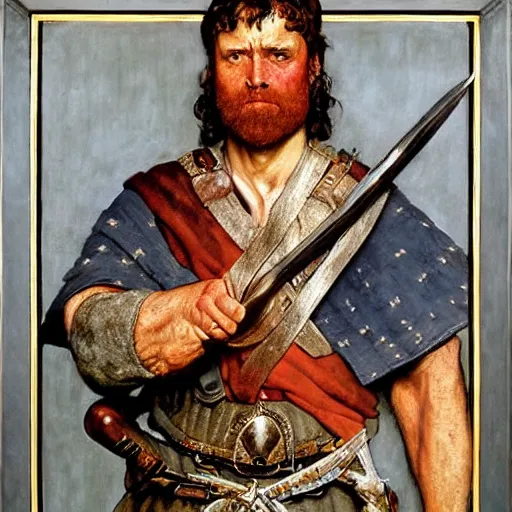 Image similar to a portrait painting of William Wallace. Painted by Norman Rockwell