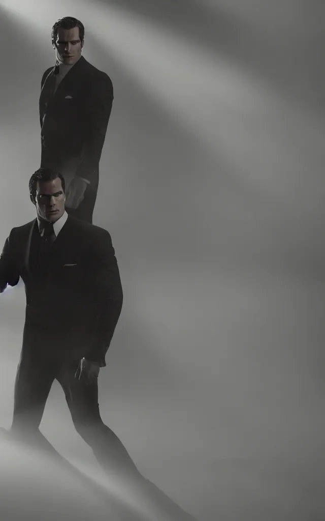 Image similar to henry cavill in the role of james bond, by barret frymire, cinematic, moody lighting, cinematic lighting