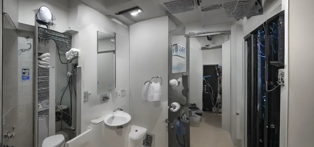 Image similar to a small bathroom which also serves as provisional server room, very chaotic