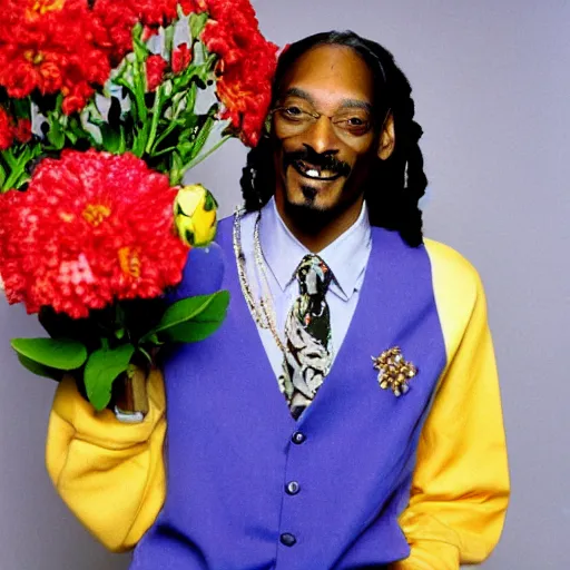 Image similar to Snoop Dogg smiling while holding a Vase of flowers for a 1990s sitcom tv show, Studio Photograph, portrait, happy C 12.0