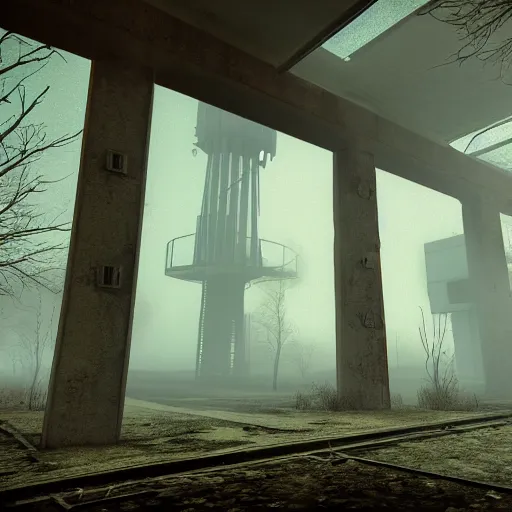 Prompt: retro-futuristic fallout abandoned park fog ultrarealistic photorealistic 8k