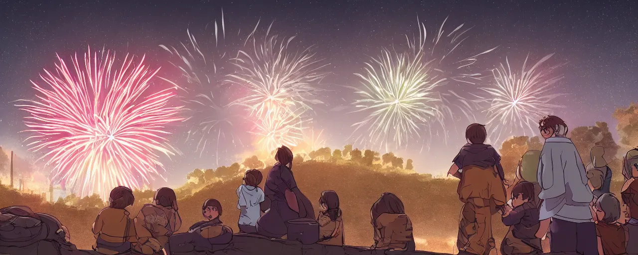 Prompt: four people watching fireworks go off in the night sky behind a prison on a hill, wide angle, hyperrealistic digital art, trending on art station, cinematic lighting, 4 k, illustrated by akira toriyama
