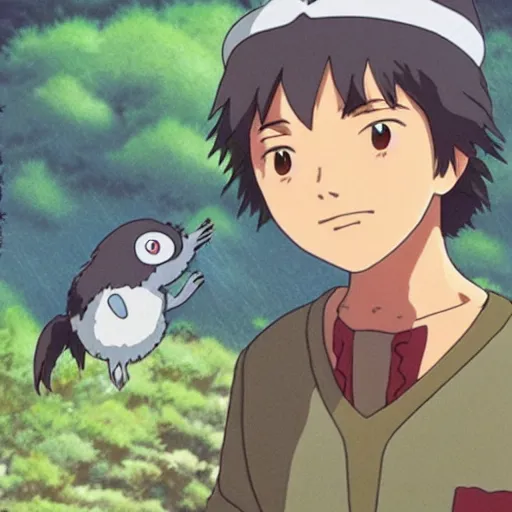 Prompt: Guy with slight smile and small friendly creature, made by Studio Ghibli detailed art, beautiful scene, , sharp focus, smooth,