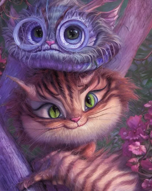 Image similar to an adorable cheshire cat asleep in a tree | highly detailed | very intricate | symmetrical | whimsical and magical | soft cinematic lighting | award - winning | closeup portrait | wonderland | painted by donato giancola and paul lehr and ross tran | pastel color palette | featured on artstation