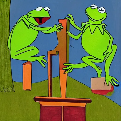 Prompt: kermit and elmo in the style of american gothic by grant wood