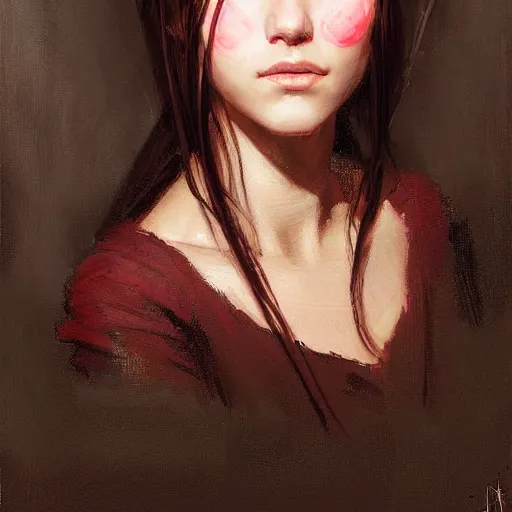 Image similar to Facial portrait of a cute girl, looking at the camera, slight awkward smile, lips slightly parted, no hands visible, blushing, intricate, extremely detailed painting by Greg Rutkowski and by Henry Justice Ford and by Steve Henderson