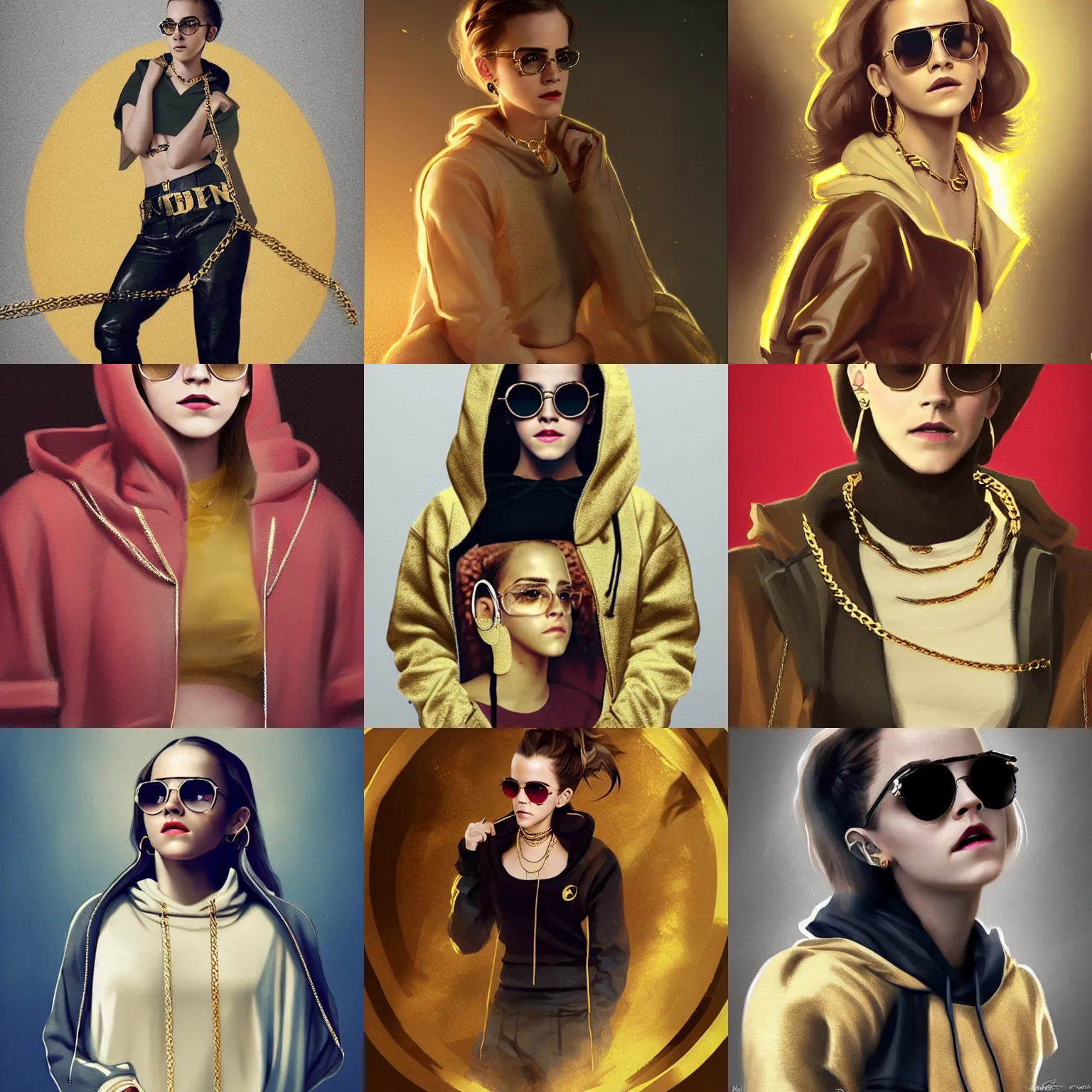 Prompt: Emma watson full body wearing designer hoodie as doja cat as cardi b wearing gold chain and sunglasses and gold hoop earrings by greg rutkowski by artgem trending on artstation hero concept art