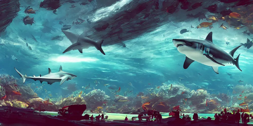 Prompt: a shark!!!!! in a huge aquarium!!!!!, vivid colors, digital art, landscape, fantasy art, octane render, unreal engine, high detail, very realistic, by greg rutkowski. by james gurney