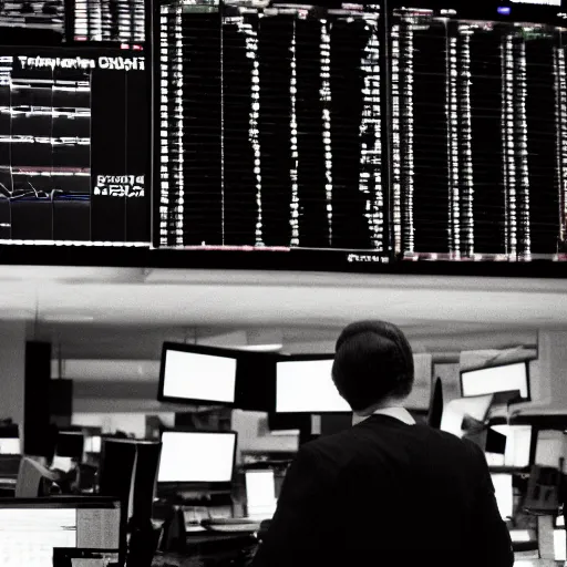 Image similar to stock market crash, traders panicking, red screens, wall st trading floor, black monday crash 1 9 8 7, cinematic lighting, epic composition