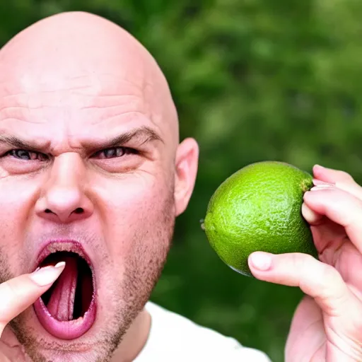 Prompt: angry bald swedish man biting into a raw lime on live camera