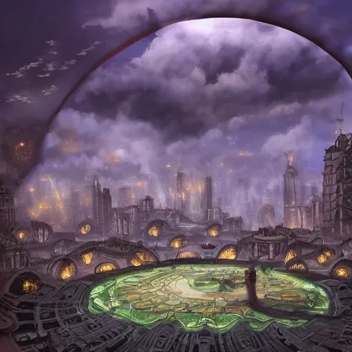 Image similar to city in a giant ring of petals, steampunk, fantasy art, sky in the background, detailed, behrens style