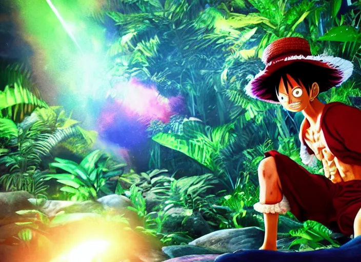 Image similar to a cg render of a colorful luffy in a noir galactic jungle, 8 k, unreal engine, detailed, hyperrealistic, octane