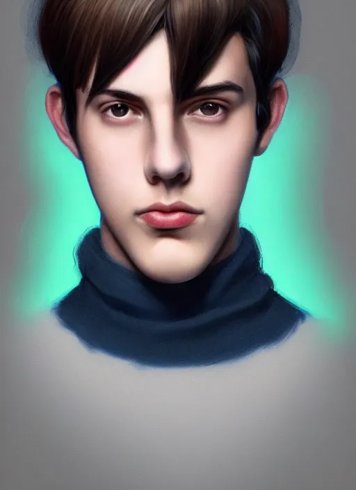 Image similar to portrait of teenage jughead jones wearing a light grey crown, crown, blue turtleneck, 1 9 5 0 s, closed eyes, photorealistic, black hair, glowing lighting, intricate, elegant, glowing lights, highly detailed, digital painting, artstation, concept art, smooth, sharp focus, illustration, art by wlop, mars ravelo and greg rutkowski