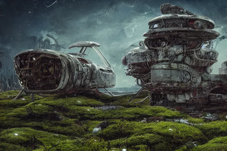 Prompt: derelict spaceship on an alien world, hyper detailed, overgrown with moss, rusty metal, cinematic lighting
