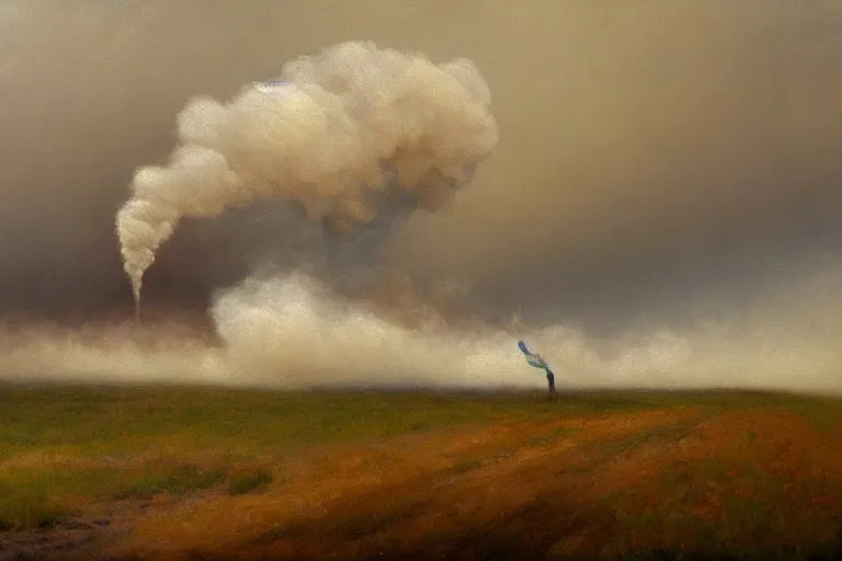 Prompt: a painting of a steam engine blowing smoke, an oil painting by lionel walden, deviantart, tonalism, oil on canvas, mist, apocalypse landscape