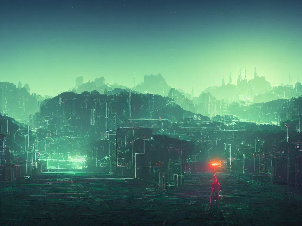 Prompt: synthwave landscape of a virtual traveler walking towards a distant castle , cyberspace, grid, virtual, night, wireframe, by John Smith, by Alena Aenami, by Greg Rutkowski, wide angle, highly detailed, cinematic, Blue and Green color scheme